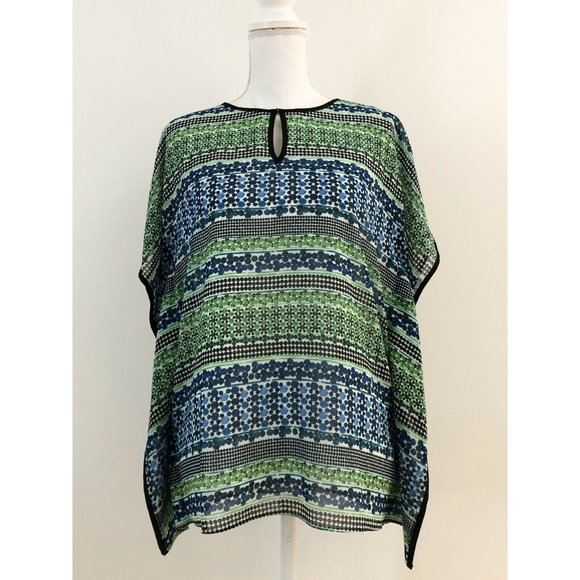 NWT Calvin Klein Chiffon Caftan Blouse XS Green Blue Geometric Tunic Top Keyhole - Picture 4 of 12